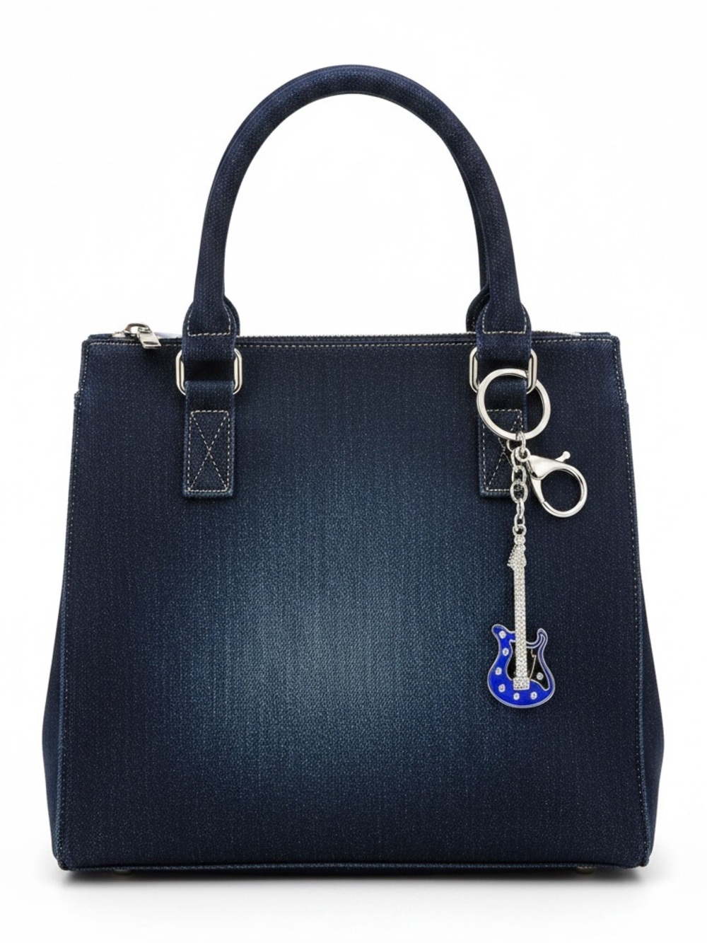 Blue & Black Enamel Electric Guitar Rhinestone Silver Keychain 3.5" Bag Charm